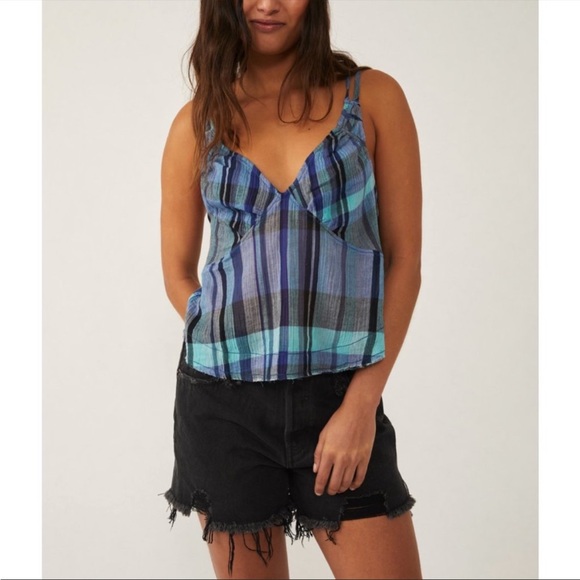 NWT Free People Plaid Halter Navy Combo XS - Picture 1 of 5